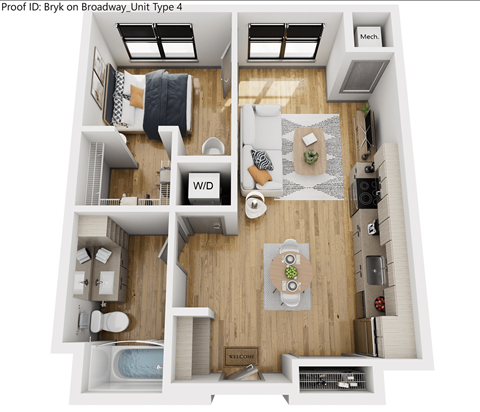 Floor plan for 1 bed, 1 bath, 637 sqft